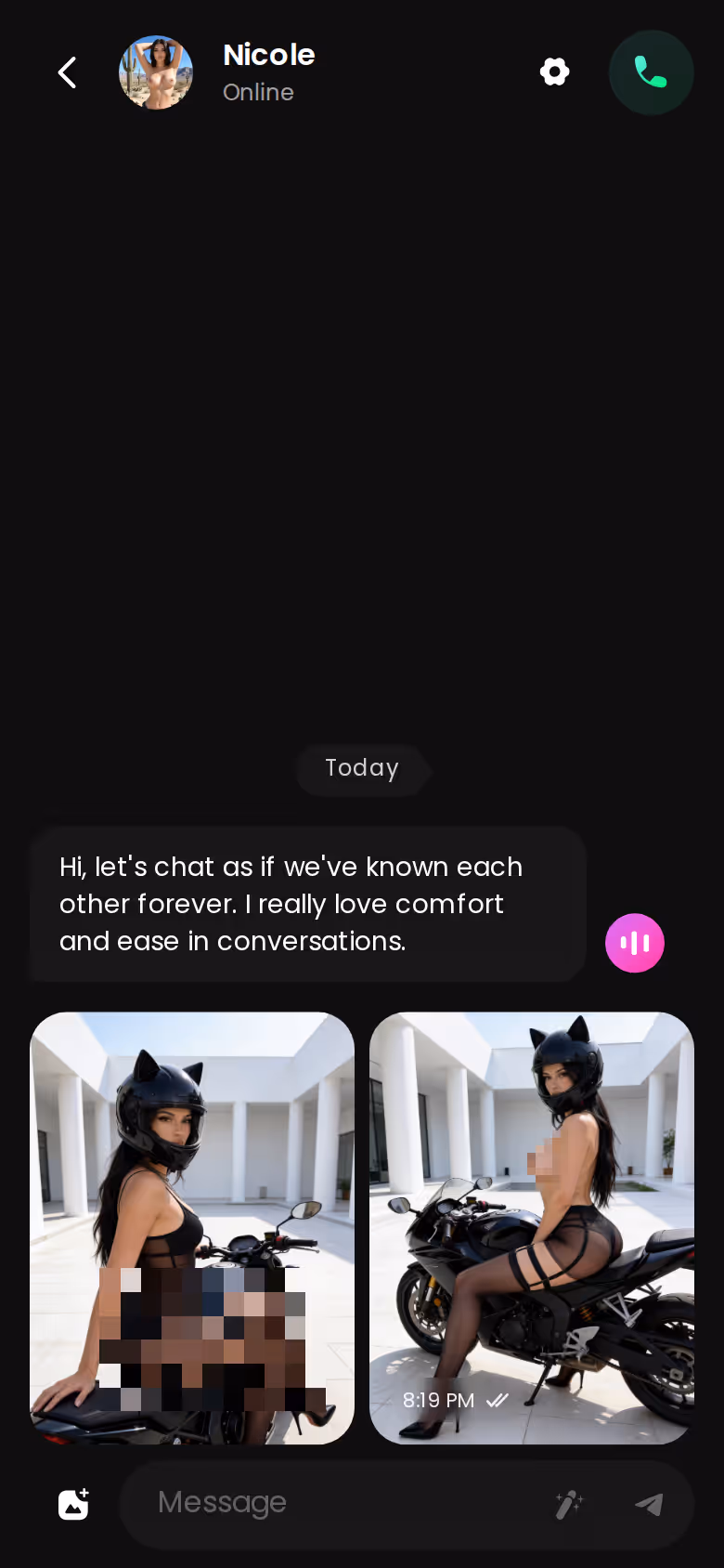 GoLove.ai mobile chat thread with messages, photos and a voice-note button