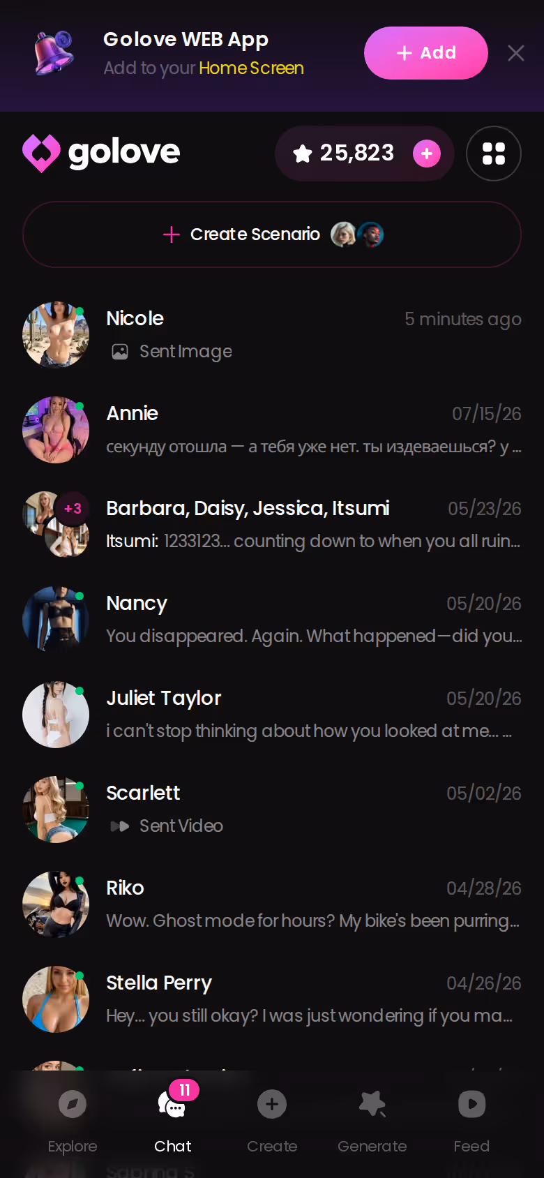 GoLove.ai chats list showing ongoing conversations on mobile