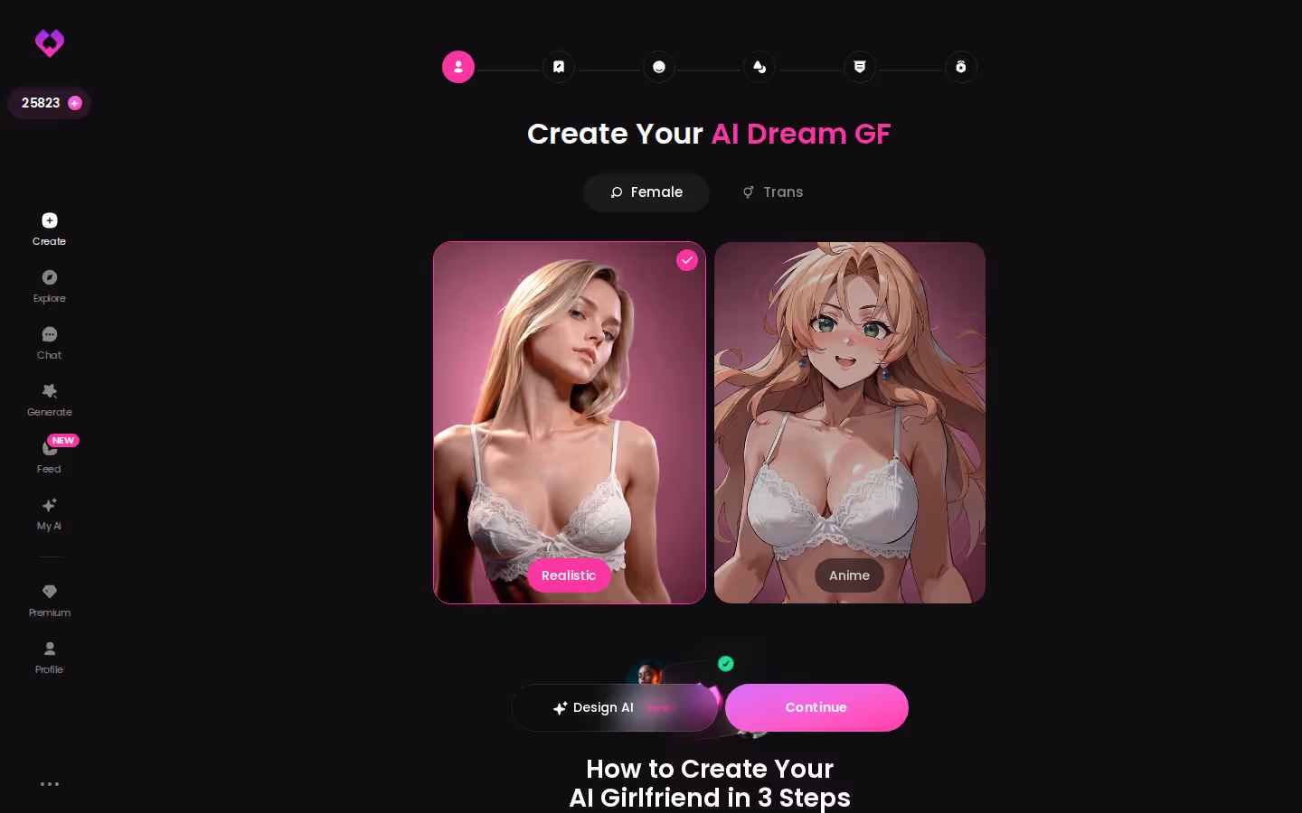 GoLove Create wizard first step — Realistic, Anime or Trans selection