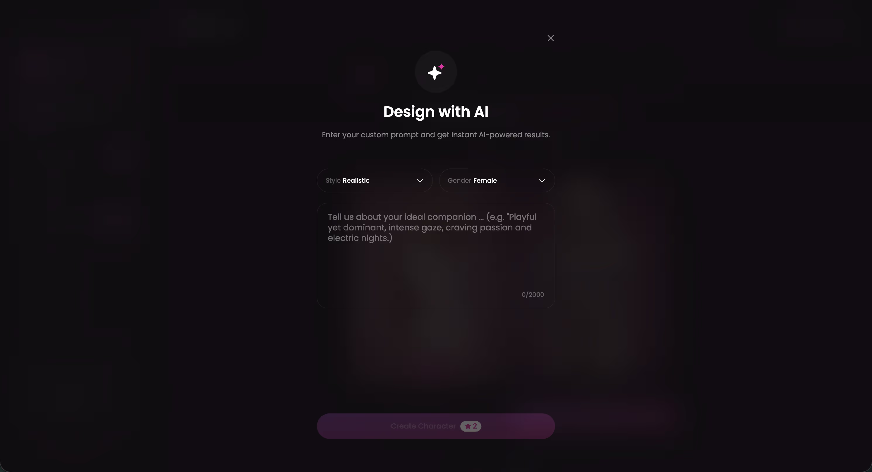 GoLove Design with AI screen where a text description generates a persistent custom character