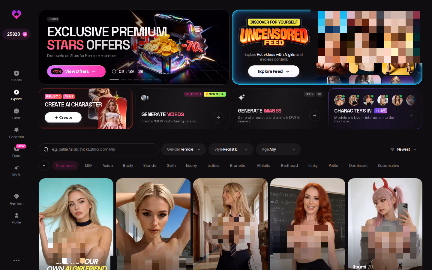 GoLove.ai Explore top — promo banners, tag filters and the character grid — best ai girl generator