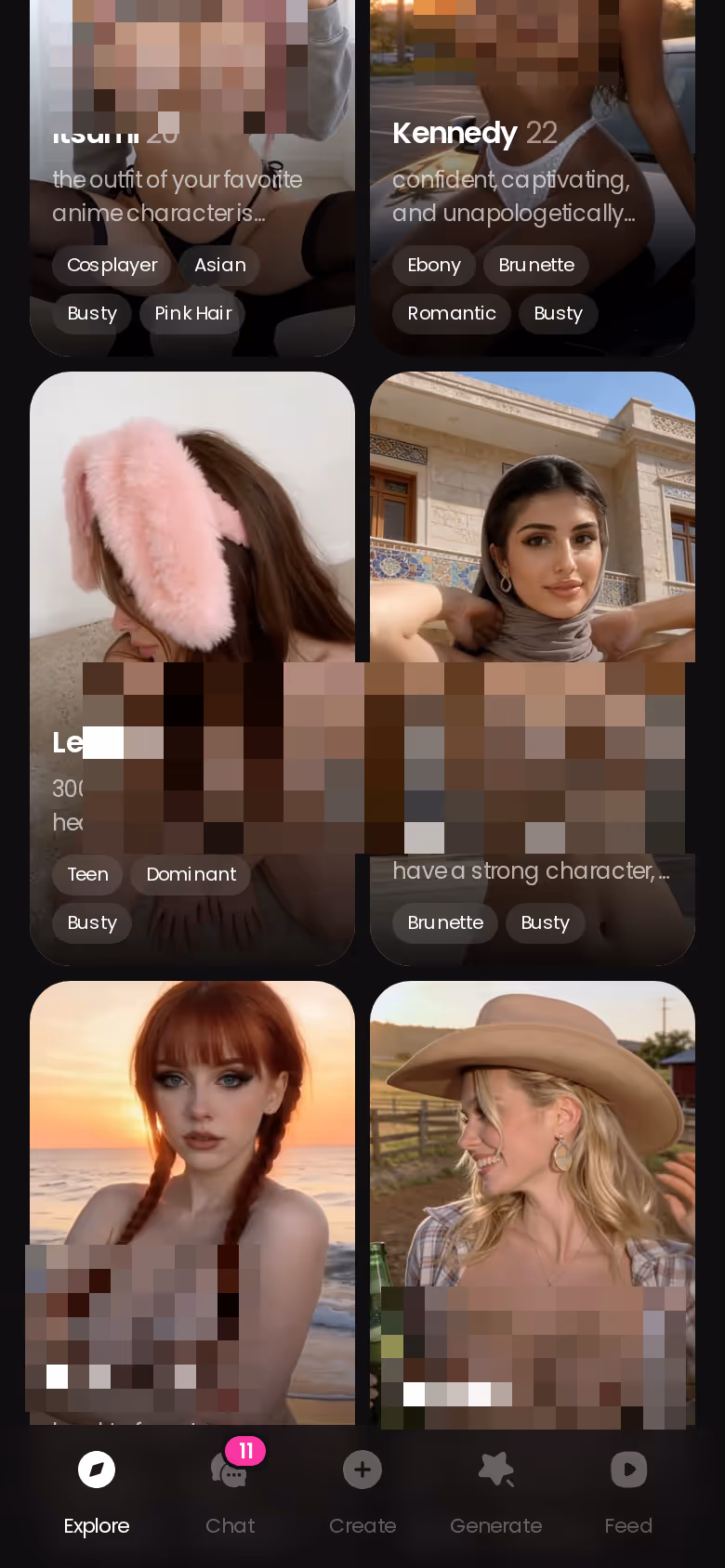 GoLove.ai Explore grid of realistic AI girlfriend characters on mobile