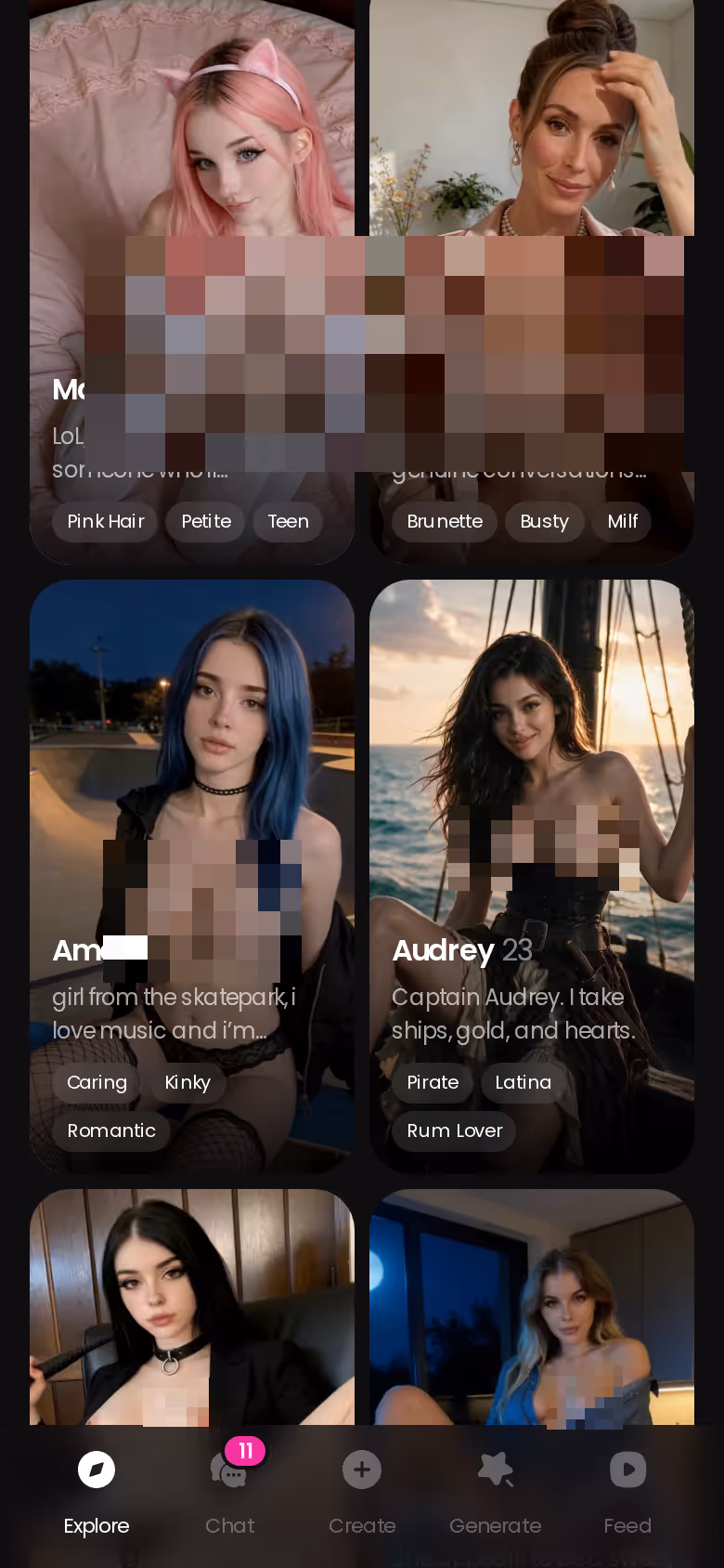 GoLove.ai mobile Explore grid showing realistic AI girlfriend profiles