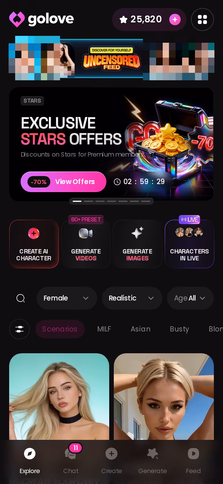 GoLove.ai realistic Explore grid on mobile, where the head-to-head starts