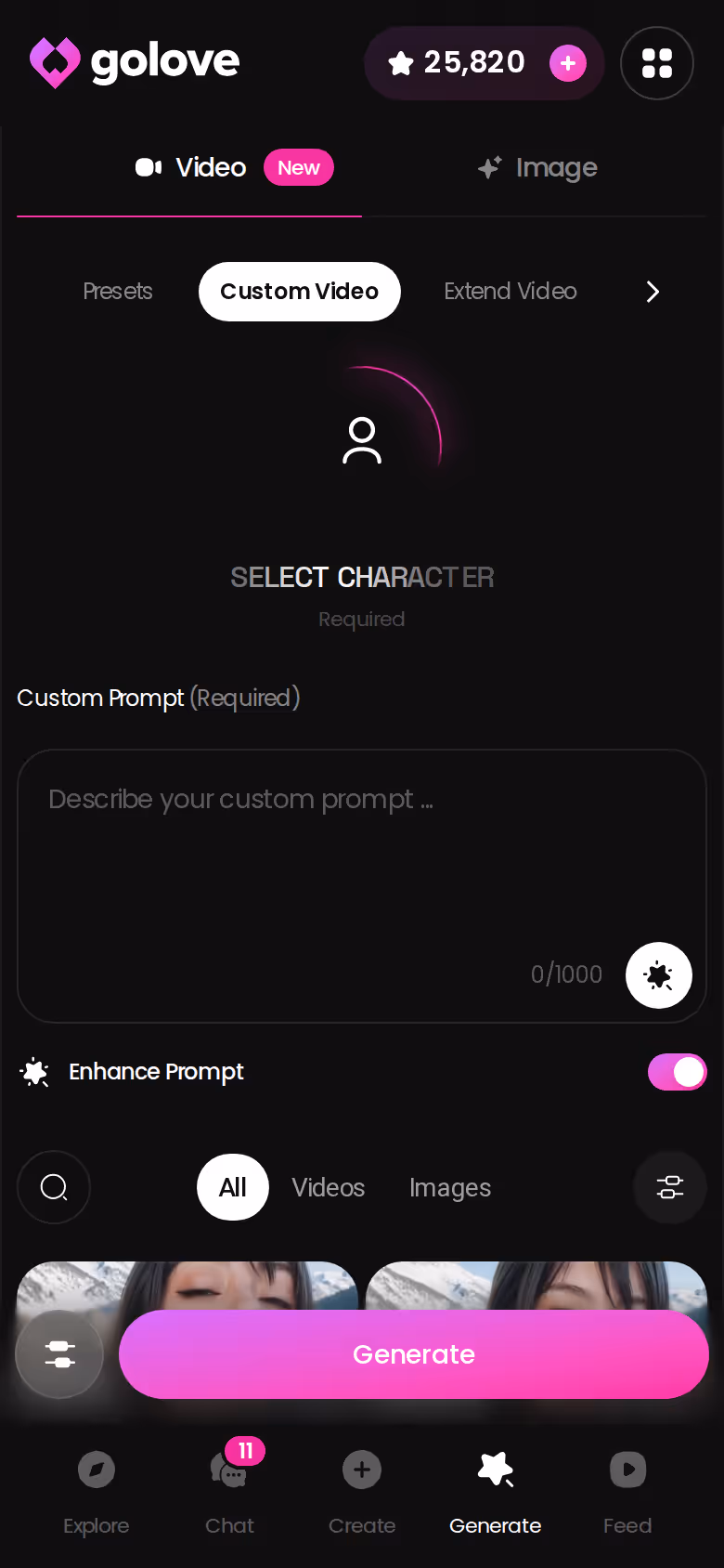 GoLove custom video generator on mobile with action, clothes and background preset cards selected