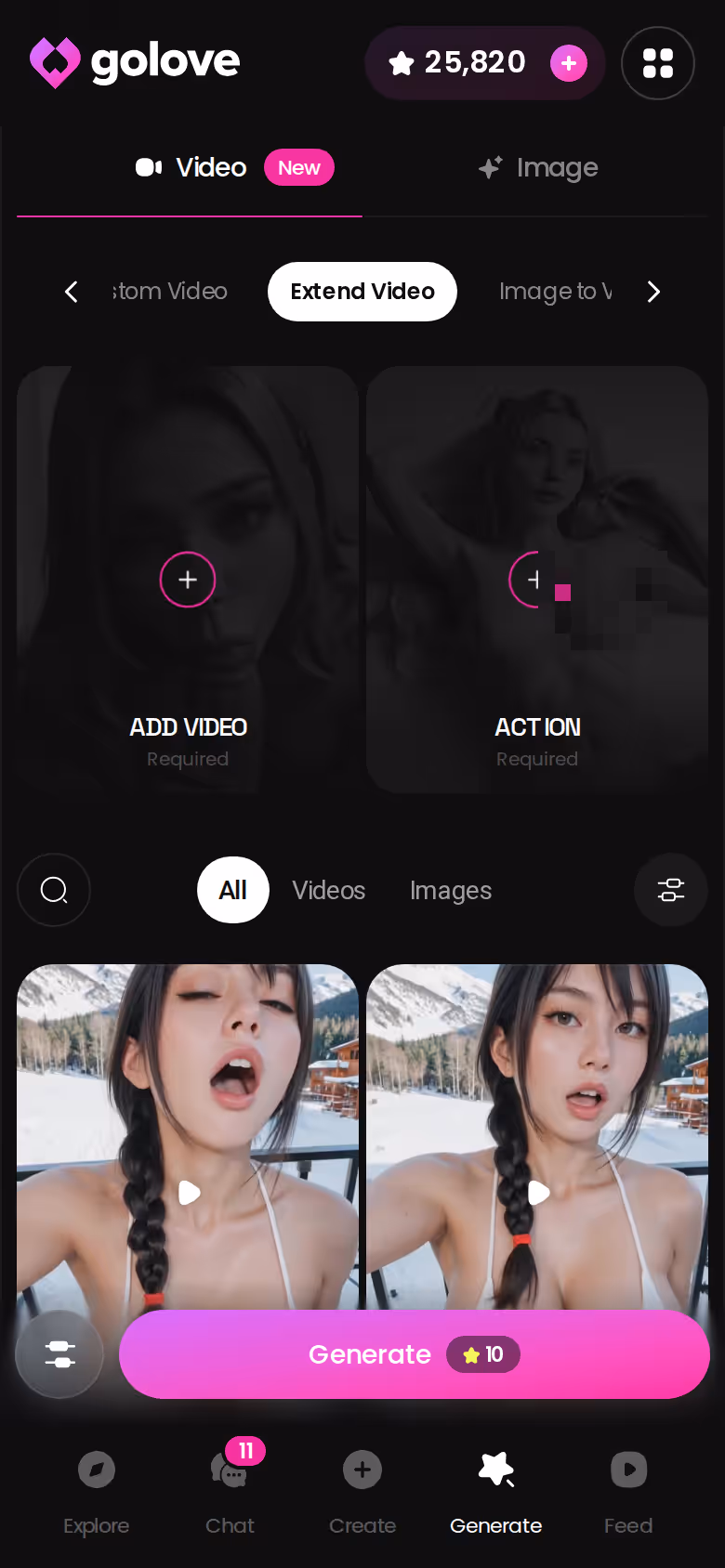 Extending a generated video clip in GoLove's mobile Generate hub