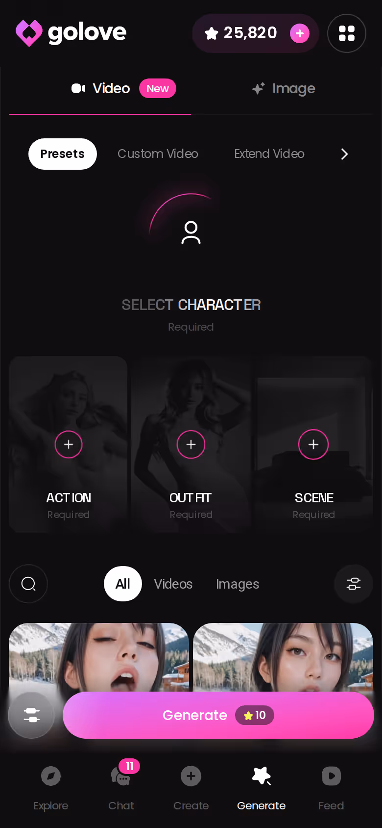 GoLove.ai mobile generator showing the image and video modes