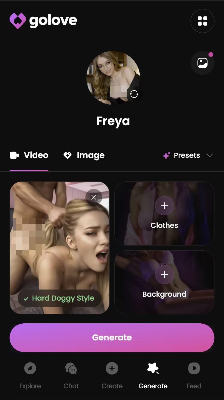Explicit action preset selected in the GoLove.ai video generator — furry chat