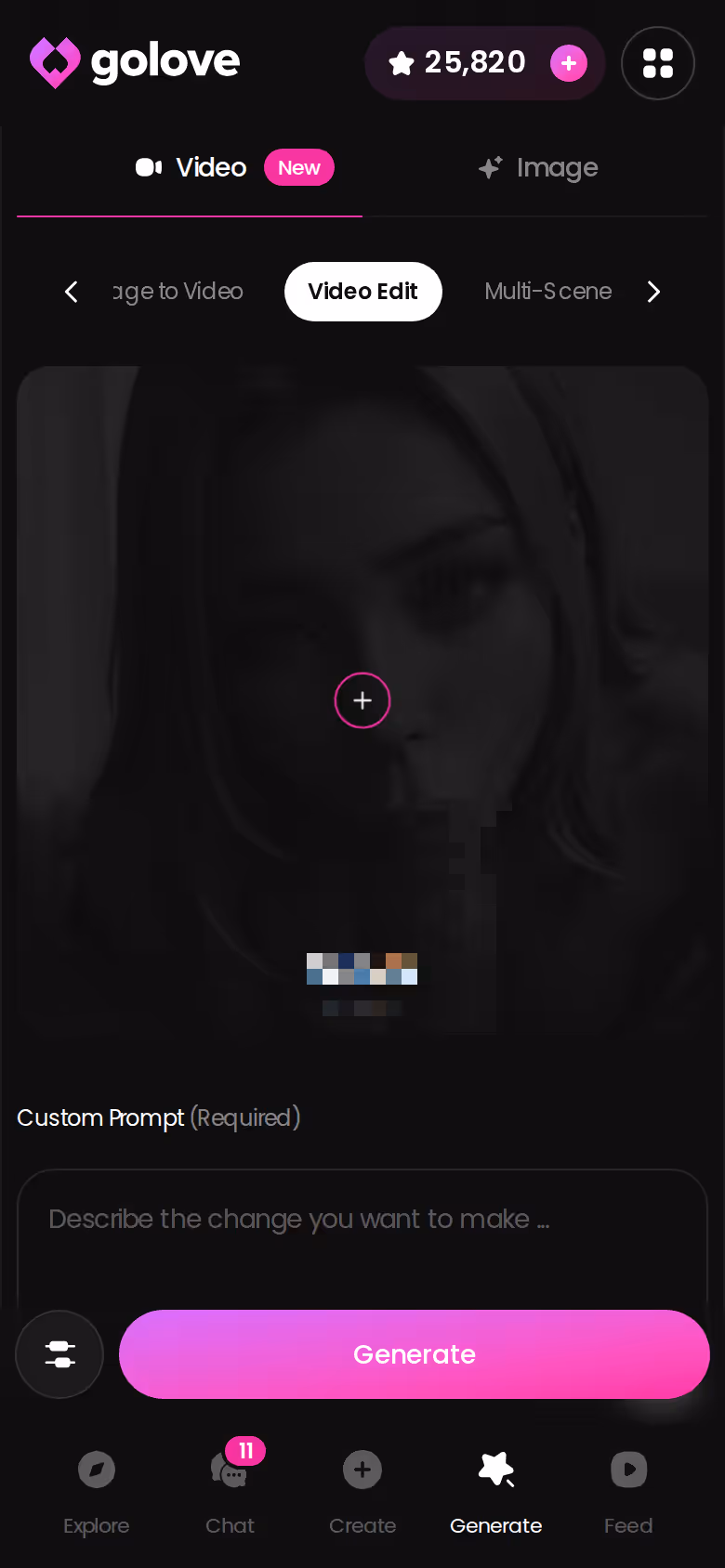 GoLove.ai video generator on mobile with the Video Edit mode